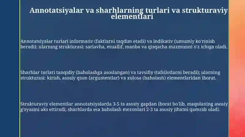 Annotatsiya va taqriz matnlarini ularda ifoda materialining xususiyatlari 3