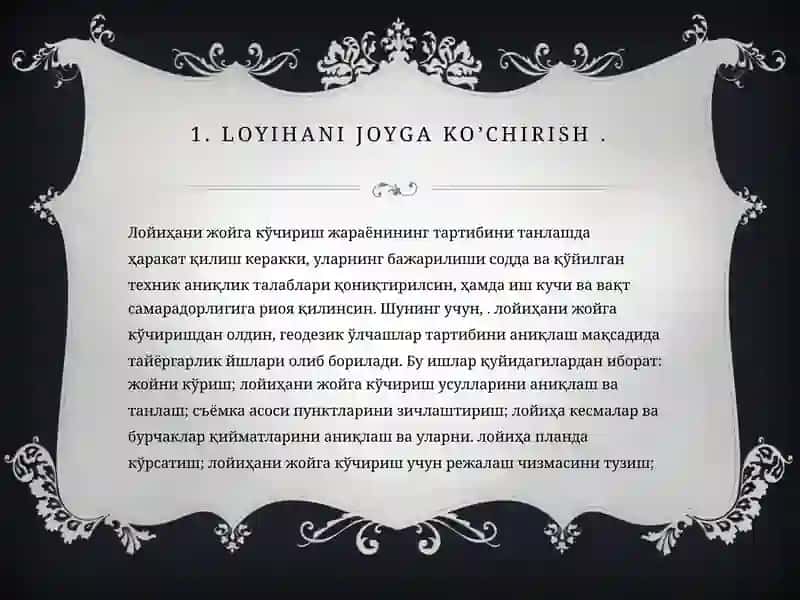 loyihanijoygako’chirishuchunishchichizmatuzish.Loyihaviyteodolityo’lio’tkazish 3