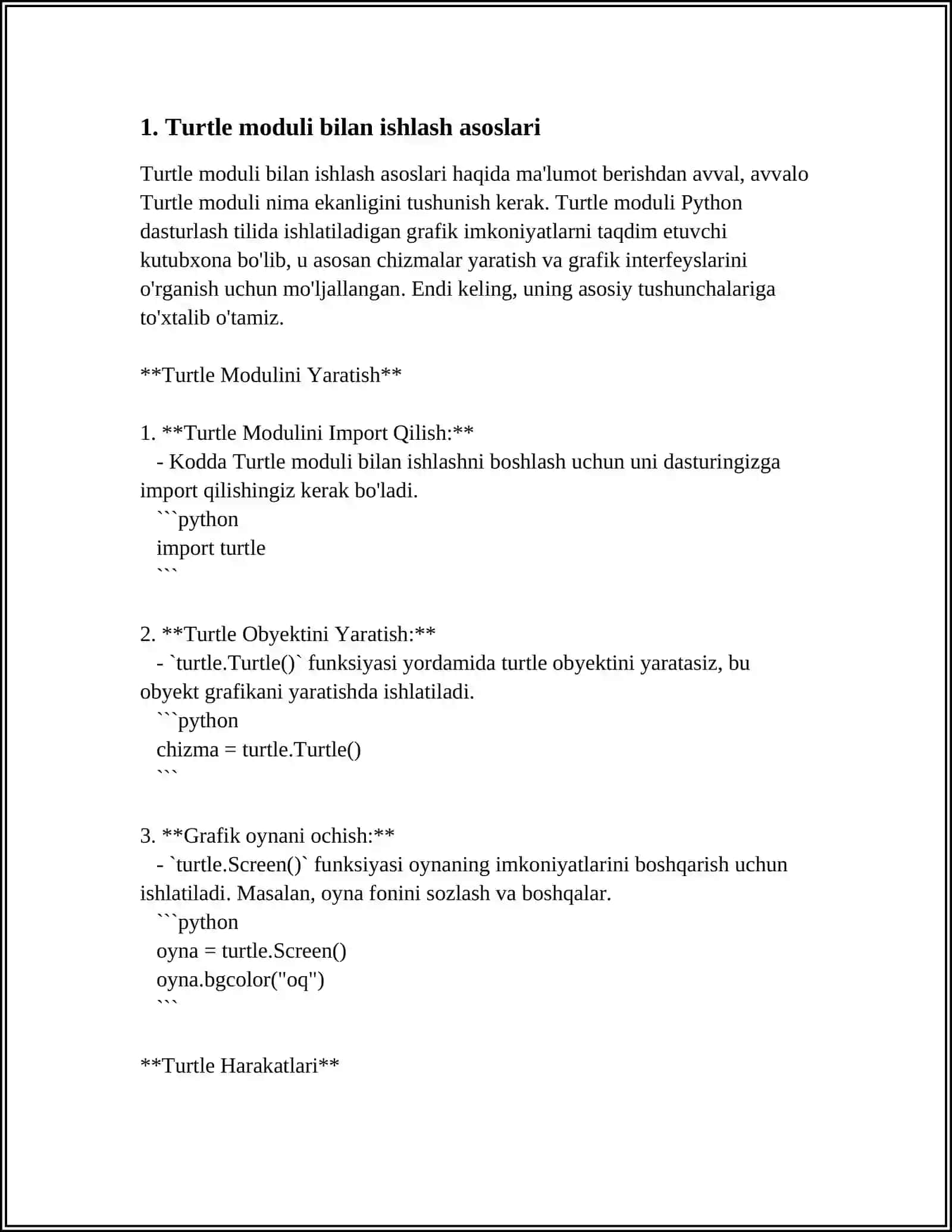 PYTHONNING TURTLE MODULI NIMA VA U BILAN ISHLASH HAMDA TURLI SHAKLLAR CHIZISH 3