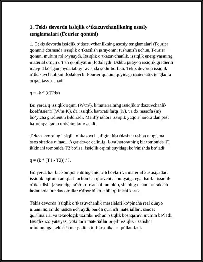 TEKIS DEVOR VA SILINDRIK DEVORNING ISSIQLIK O’TKAZUVCHANLIGI 3