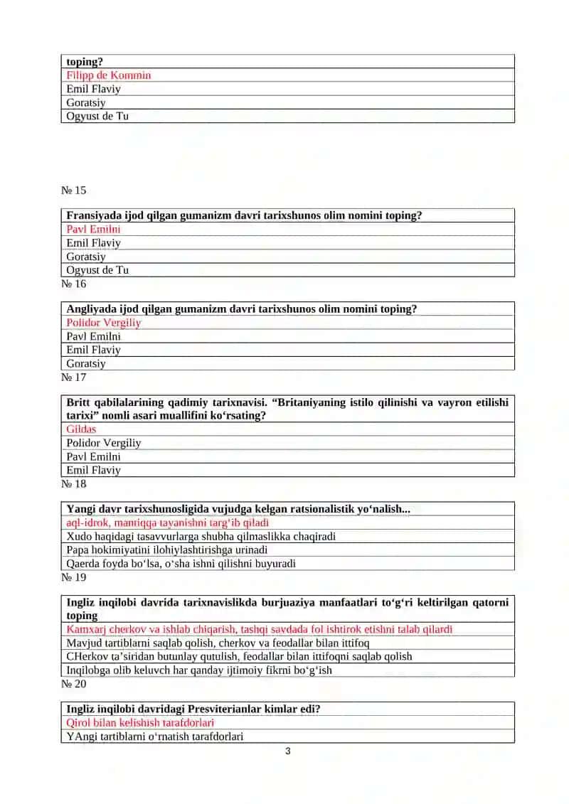 Yangi va eng yangi davr manbashunosligi va tarixshunosligi fanidan yakuniy nazorat uchun test savollari (to'g'ri javoblar qizil rangda belgilangan) 3