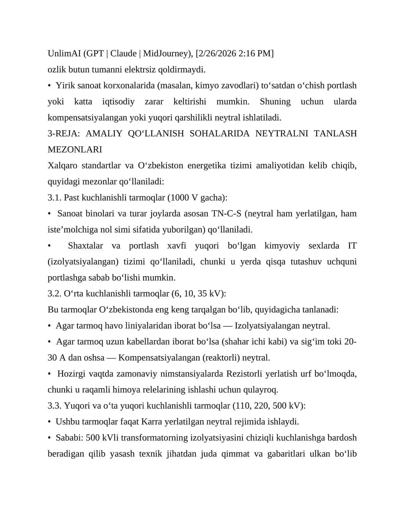 ELEKTR TARMOQLARINING NEYTRAL ISH REJIMLARI: NAZARIYA, TEXNIK TAHLIL VA AMALIYOT 3