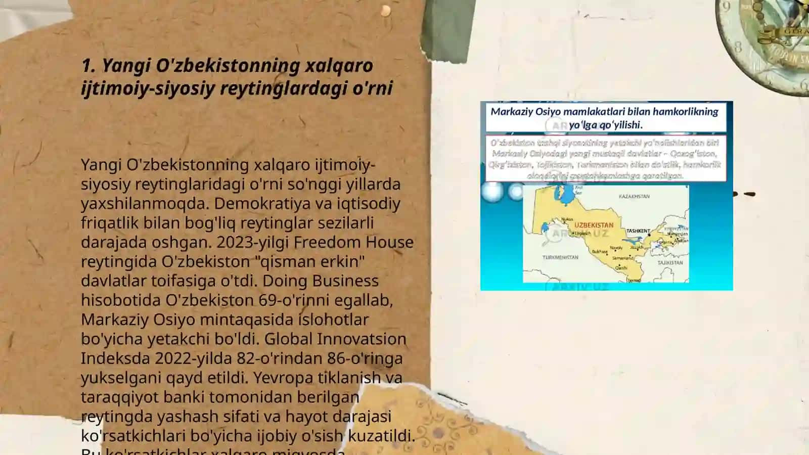 Yangi O'zbekiston ijtimoiy-siyosiy, iqtisodiy va madaniy hayotida ro'y berayotgan o'zgarishlarning xalqaro reyting va indekslardagi o'rni 3