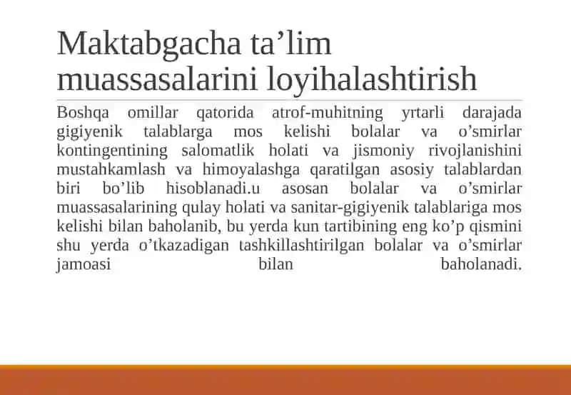 TASHKILLASHTIRILGAN BOLALAR MUASSASALARINI LOYIHALASHTIRISH QURISH VA JIHOZLASHGA BO`LGAN GIGIYENIK TALABLAR 3