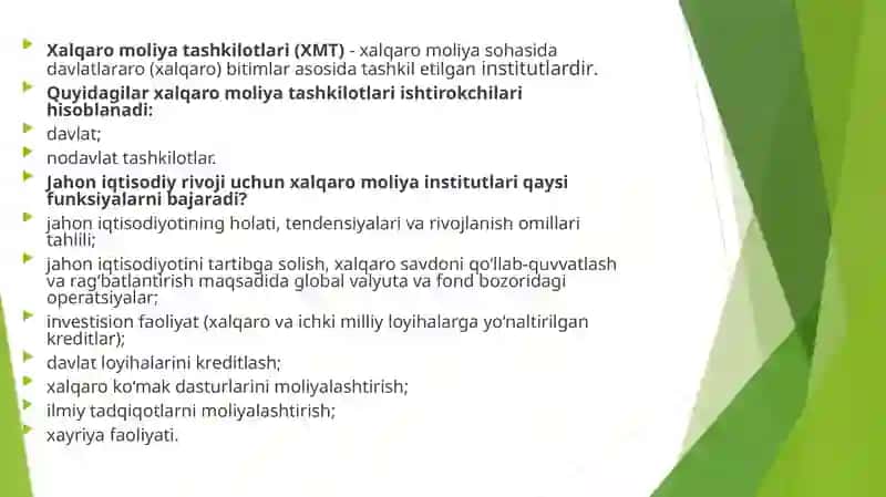 Xalqaromoliya institutlarining moliya bozori va qimmatli qog'ozlar fanidan tayyorlagan TAQDIMOT 3