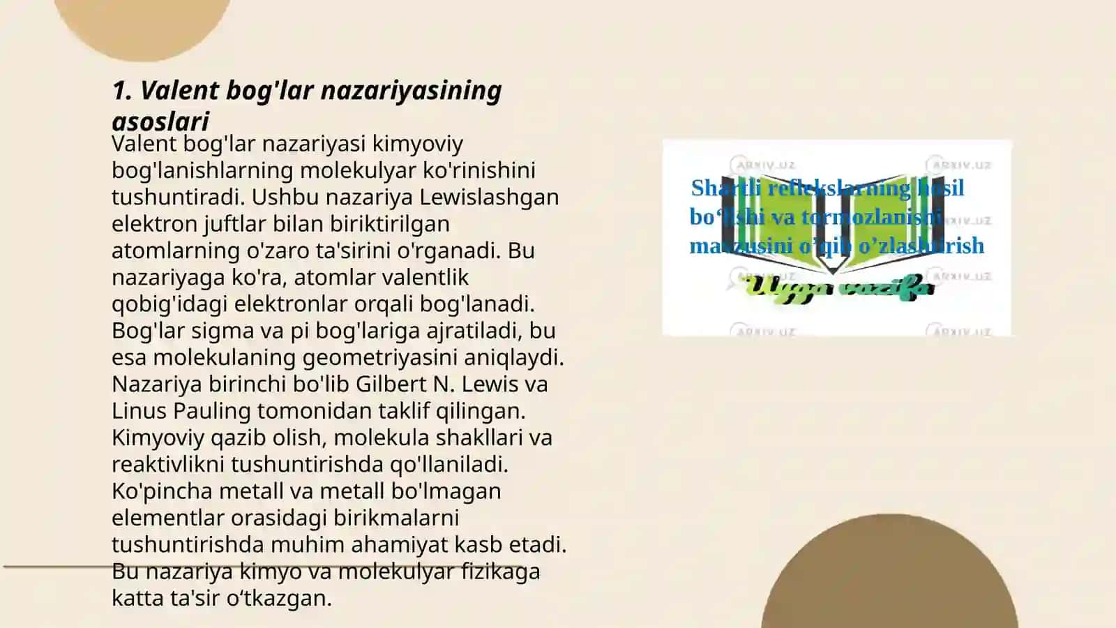 Valent bog'lar nazariyasi. Molekular orbitallar usuli. Geteroatomli molekulalarning xosil bo'lishini MO usulida o'rganish. Abdurahmonova Nigina 3