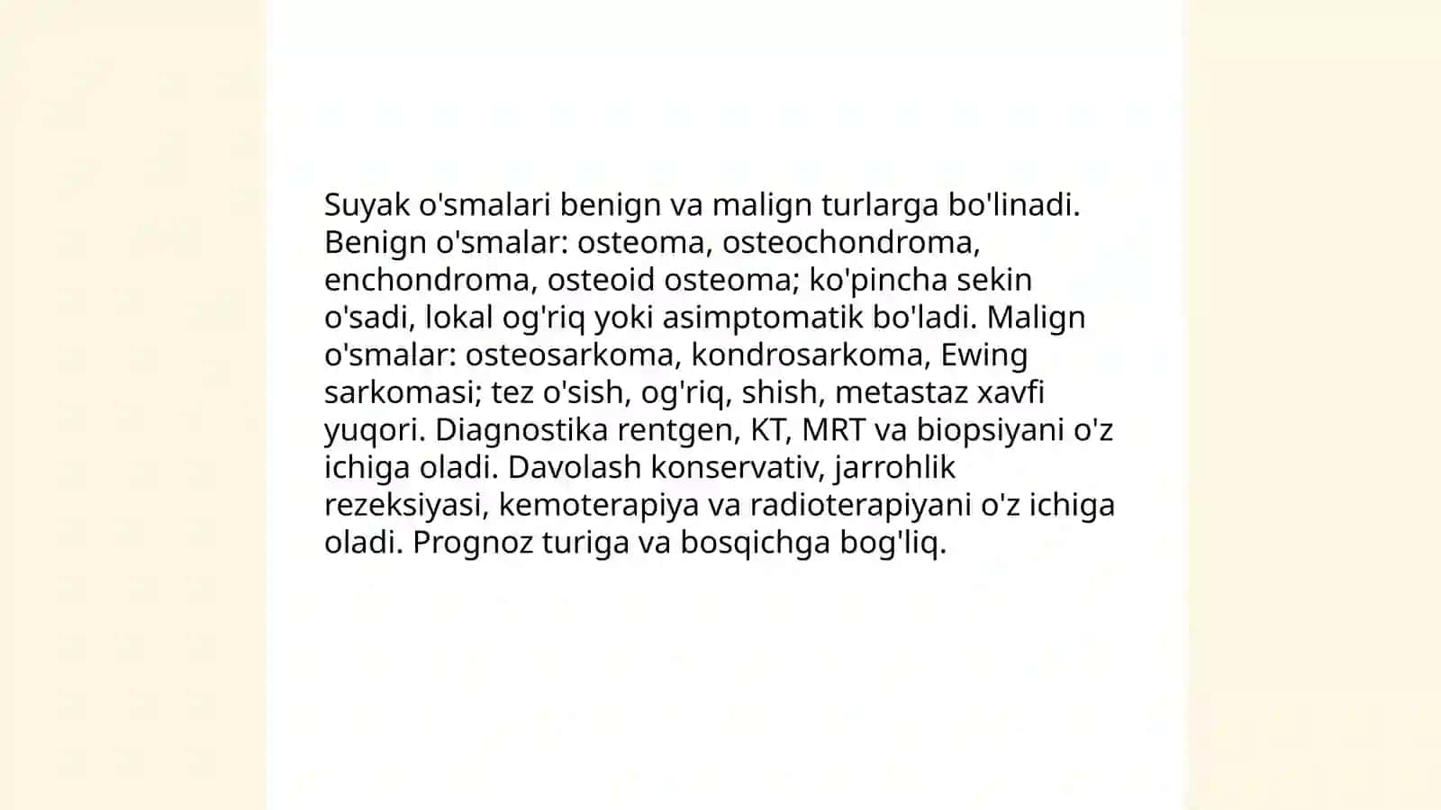 Suyak o'smalari. Artrozlar va artritlar. Bo'g'imlar o'smalari. Yumshoq to'qimalar o'smalari 3