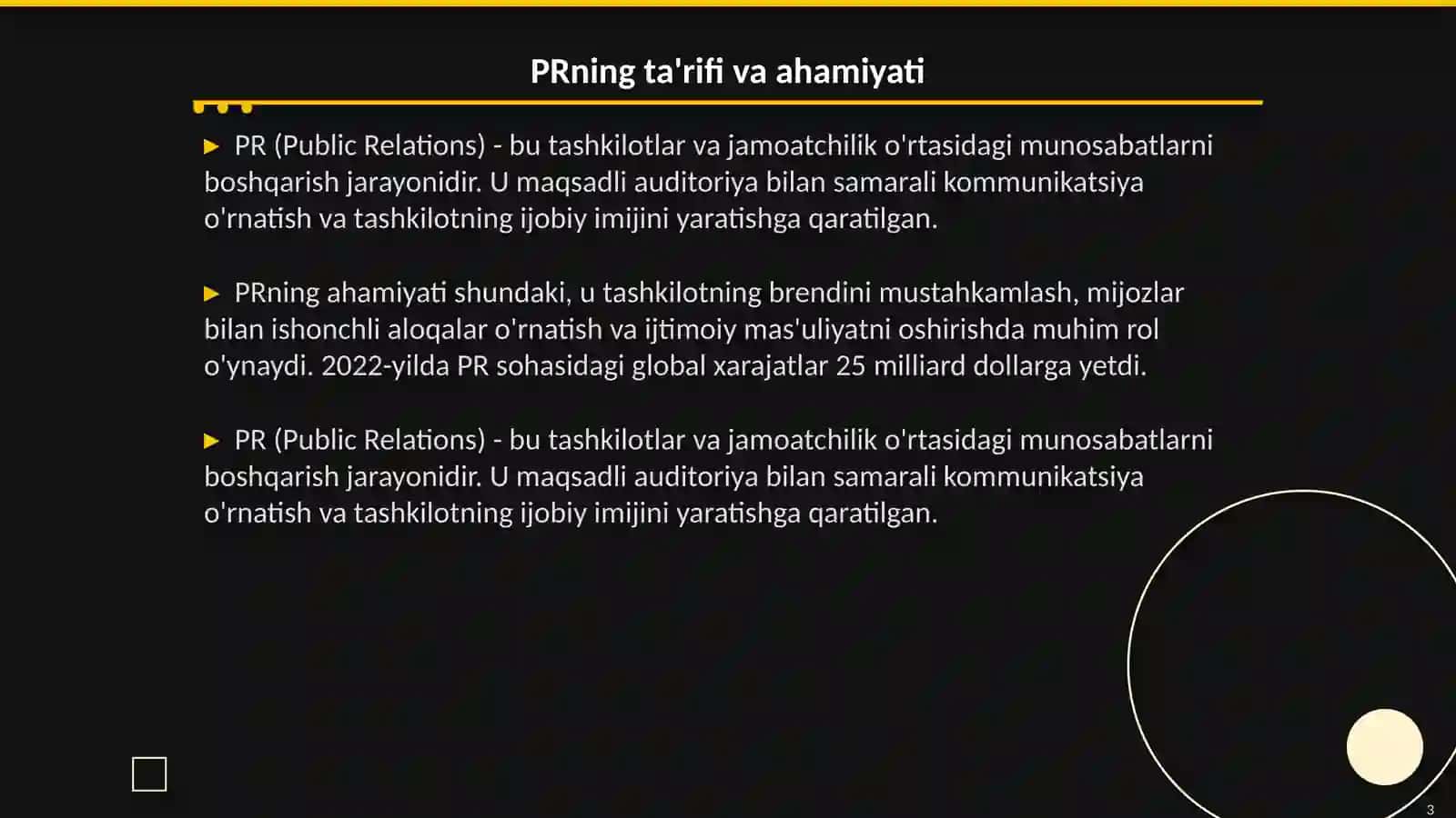 PRning asosiy maqsad va yo'nalishlarini yoritib bering 3