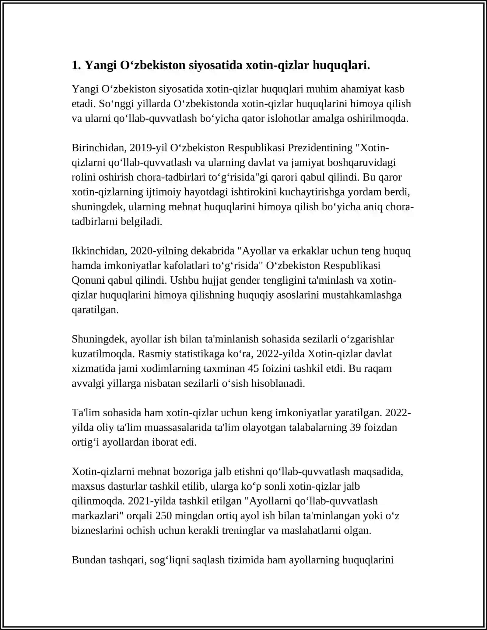 YANGI O‘ZBEKISTONDA XOTIN-QIZLARGA BO‘LGAN MUNOSABAT 3