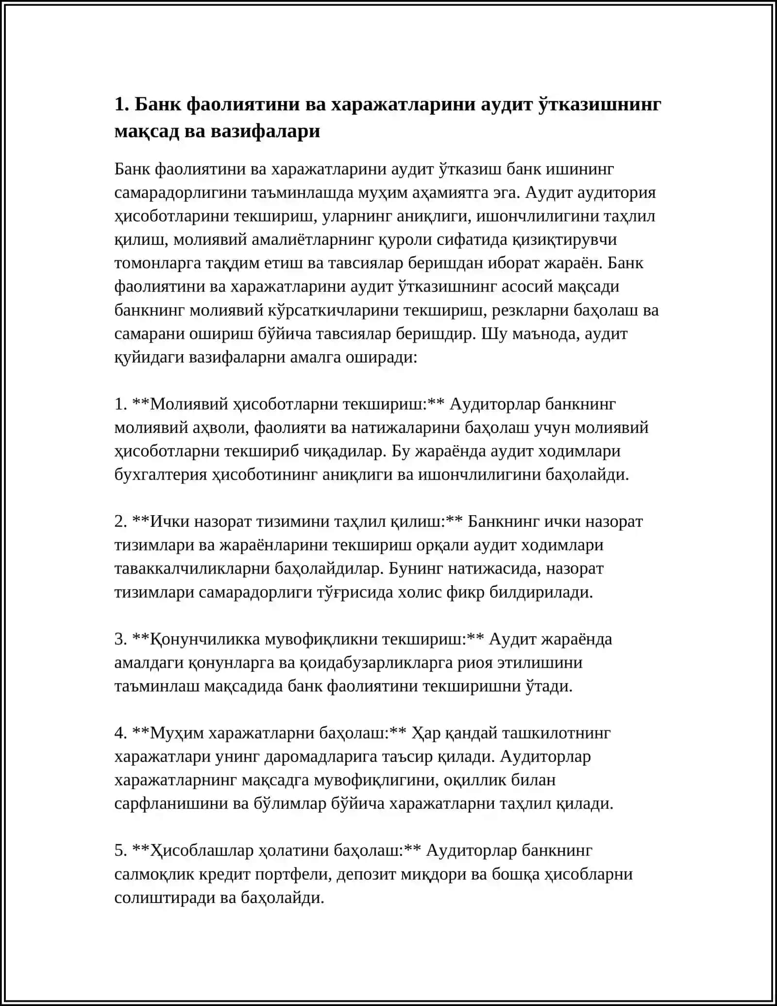 БАНК ФАОЛИЯТИ, УНИНГ ФАОЛИЯТИ ВА ХАРАЖАТЛАРИ АУДИТИ БУЙИЧА АУДИТОРЛИК ХУЛОСАЛАРИ 3