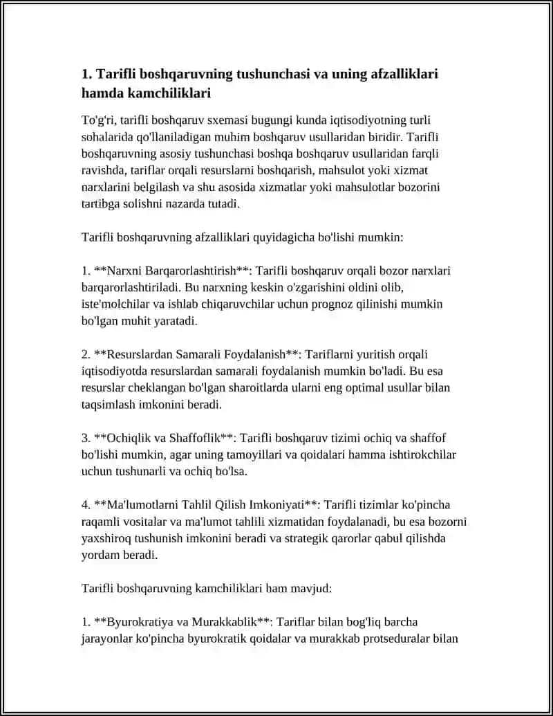 TARIFLI BOSHQARUVNING AFZALLIGI VA KAMCHILIKLARI 3