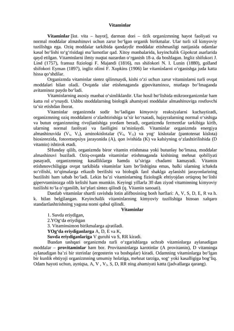 ORGANIZMNING VITAMINLAR BILAN TA’MINLANGANLIGINI O‘RGANISH VA BAHOLASH 3
