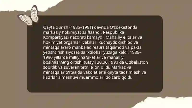 Qayta qurish yillarida Özbekistondagi ijtimoiy-siyosiy vaziyat 3