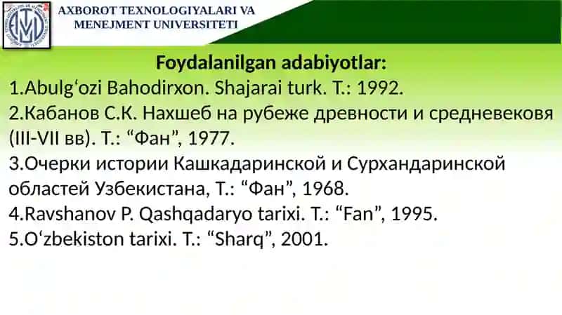 Yangi era boshlarida Qashqadaryo vohasi (I-VII asrlar). Qashqadaryo vohasi Arab xalifaligi davrida (VII-IX asr) 3