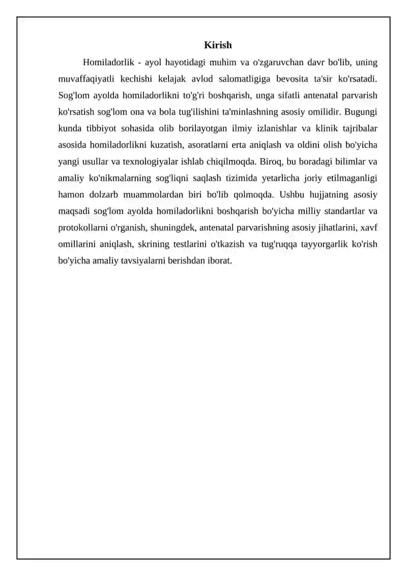 Sog‘lom ayolda homiladorlikni olib borish. Antenatal parvarish milliy standarti. 3