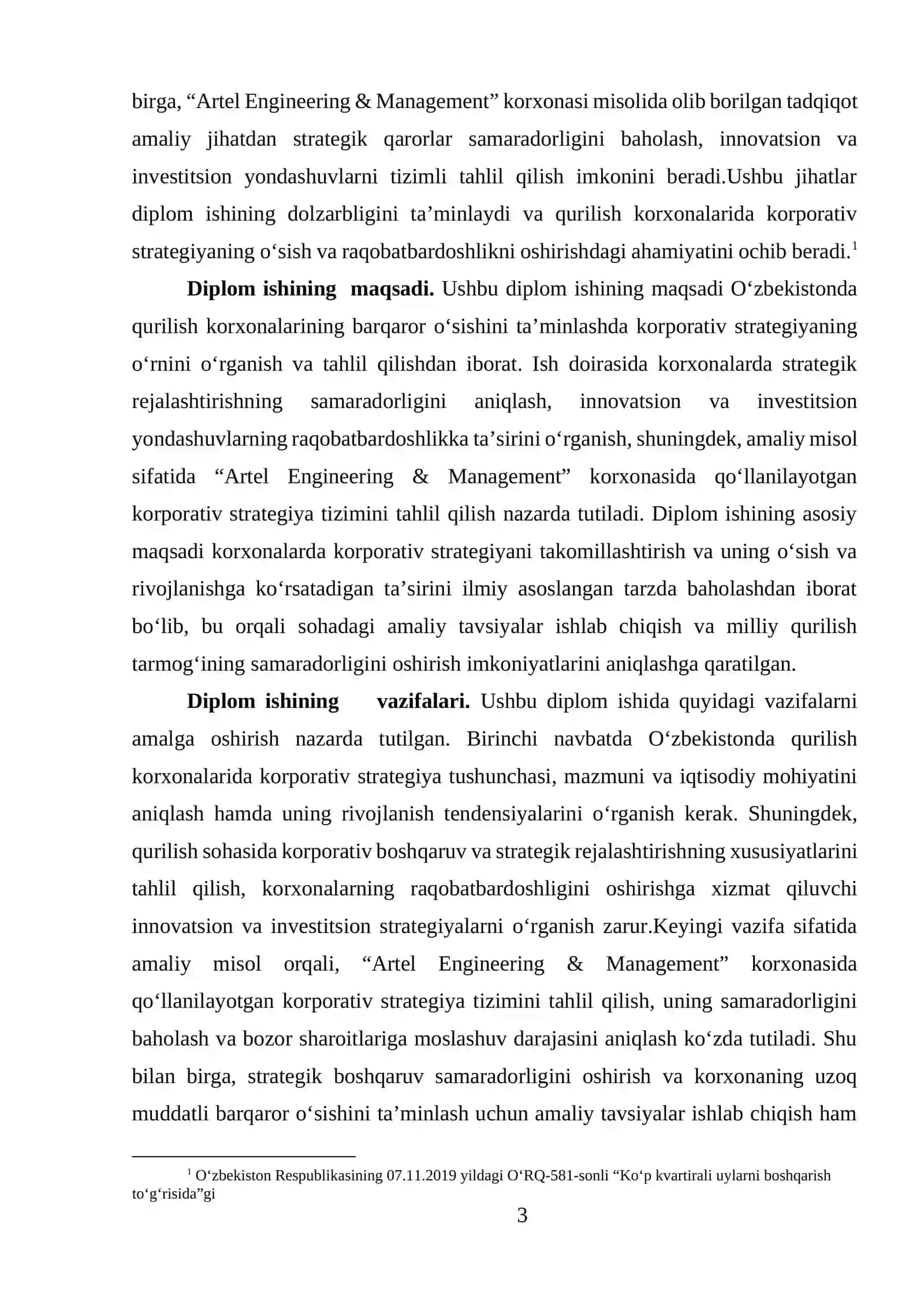O‘ZBEKISTONDA QURILISH KORXONALARINING O‘SISHINI TA’MINLASHDA KORPORATIV STRATEGIYANING O‘RNI (ARTEL ENGINEERING & MANAGEMENT KORXONASI MISOLIDA) 3