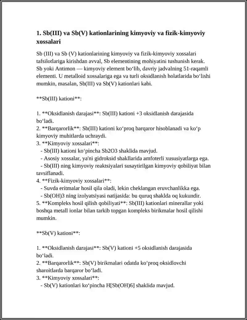 Sb(III) va Sb(V) kationlarining kimyoviy va fizik-kimyoviy xossalari 3