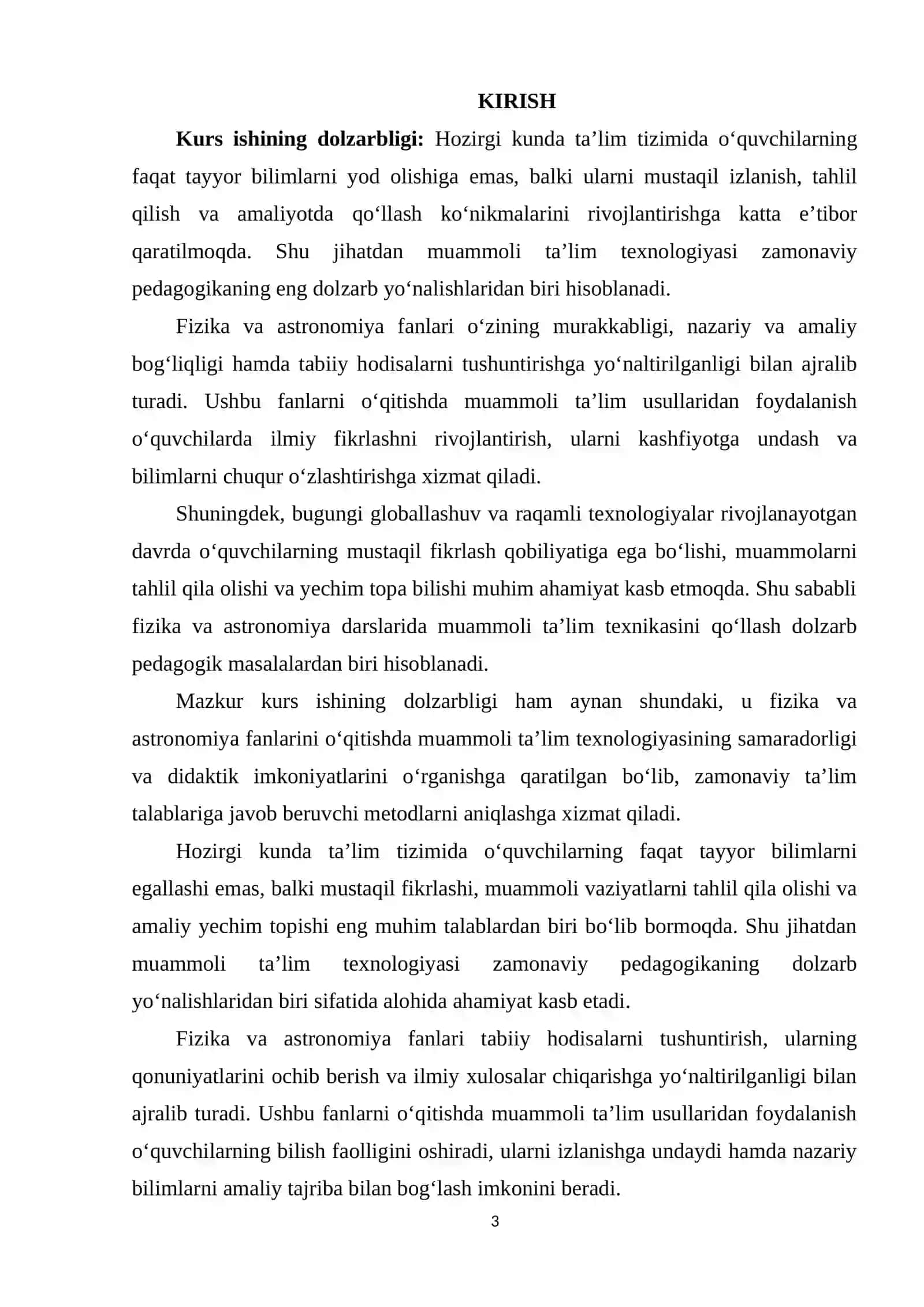 “Fizika va Astronomiya Òqitish Metodikasi” Fanidan “Fizika va Astronomiyadan Muammoli Ta'lim Texniki Usullari” Kurs Ishi 3
