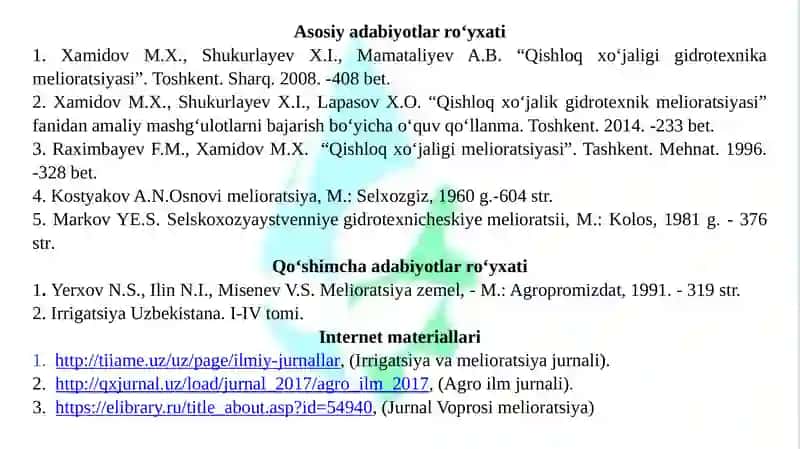 IRRIGATSIYA VA MELIORATSIYA FANINING MAQSADI, VAZIFALARI VA YO‘NALISHLARI 3