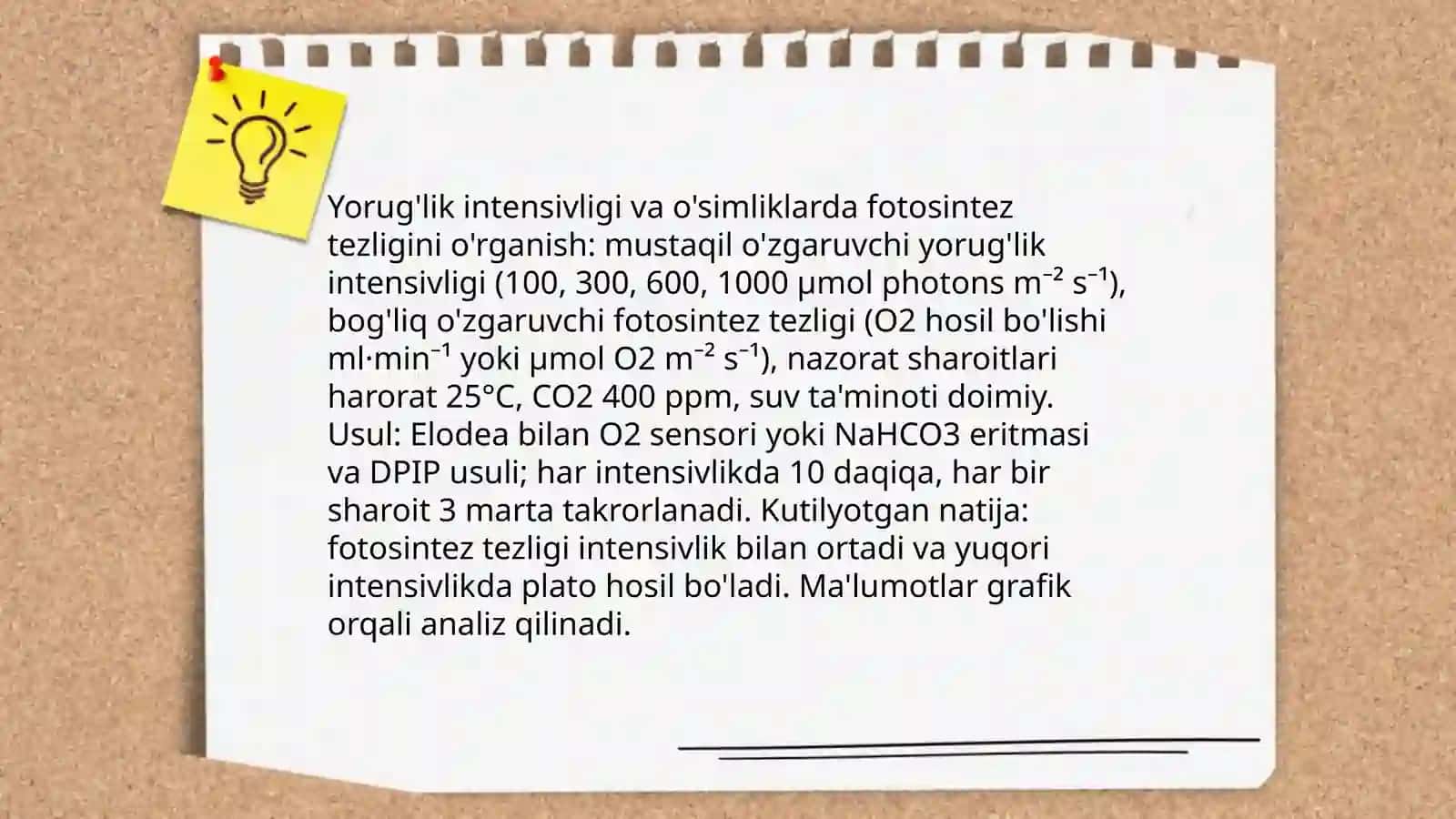 Yorug'lik intensivligi va o'simliklarda fotosintez tezligini o'rganish 3