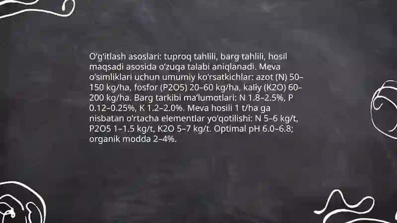 Meva oʻsimliklarini parvarish qilishda organik va mineral oʻgʻitlardan foydalanish me'yorlarini hisoblash 3