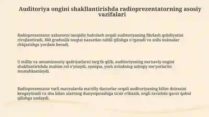 Radioboshlovchining auditoriya ongini shakllantirishdagi asosiy vazifalari 3