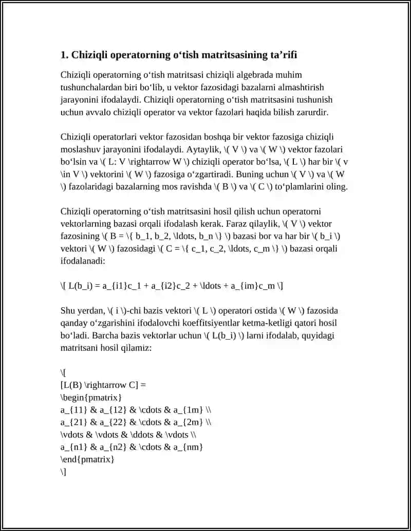 CHIZIQLI OPERATORLARNING O'TISH MATRITSASI 3