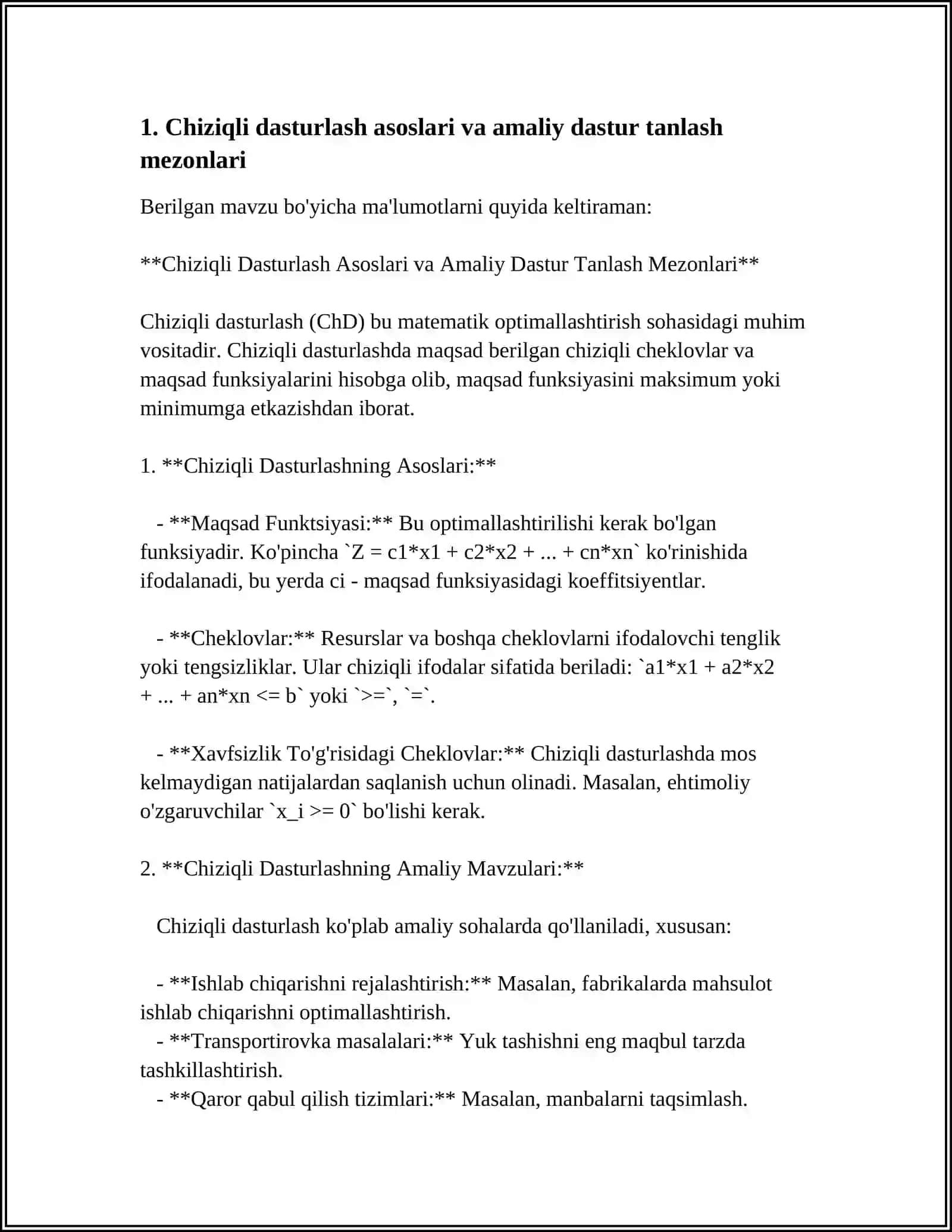 AMALIY DASTURLARIDAN FOYDALANIB CHIZIQLI DASTURLASH MASALALARINI YECHISH 3
