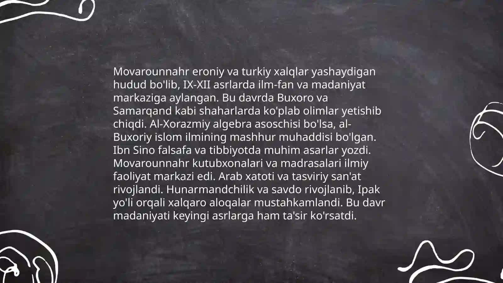 IX-XII asrlarda mamlakatimiz hududida ro'y bergan madaniy uyg‘onish. Buyuk allomalarning jahon sivilizatsiyasiga qo'shgan hissasi 3