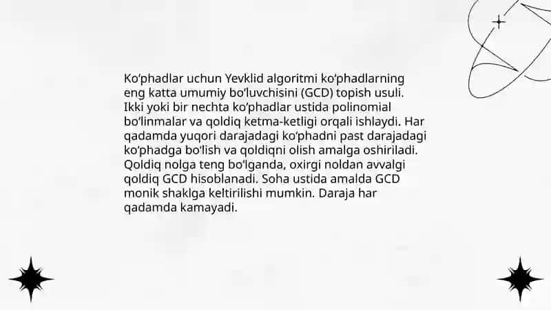 Ko`phadlar uchuin Yevklid algoritmi 3