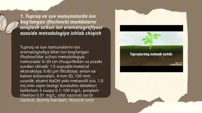 Tuproq va suv namunalarda ion bog‘langan ifloslovchi moddalarni aniqlash uchun ion xromatografiyasi asosida metodologiya ishlab chiqish 3