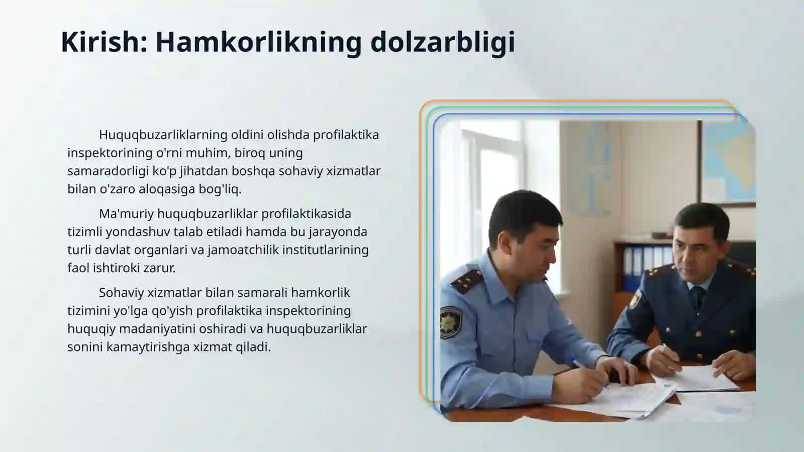 Profilaktika inspektorining maʼmuriy huquqbuzarliklar boʻyicha ishlarni yuritishda sohaviy xizmatlar bilan oʻzaro hamkorlik tizimi 3