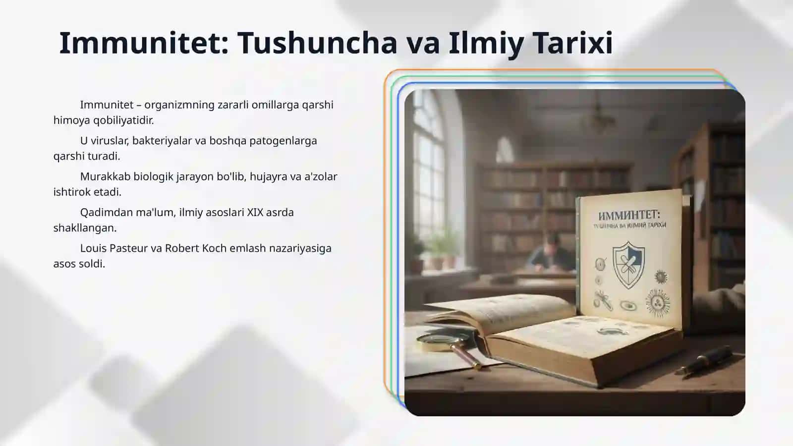 Immunitet haqida tushuncha. Immunitet turlari. Immun a'zolari. Organizmning maxsus va nomaxsus himoya omillari, ularning ahamiyati 3