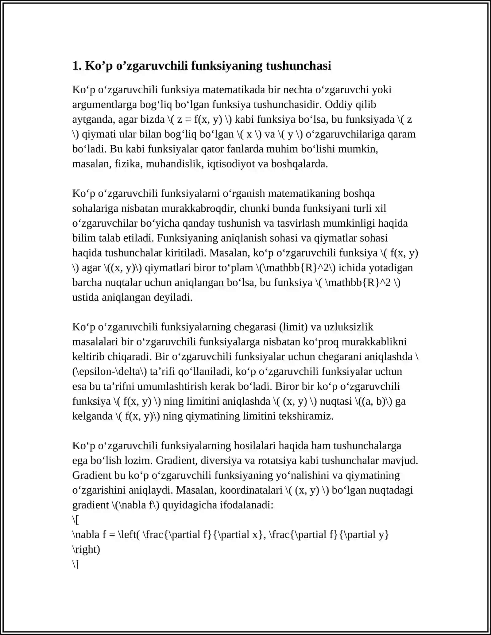 KO'P O'ZGARUVCHILI FUNKSIYA DIFFERENSIALI.XUSUSIY HOSILA VA YUQORI TARTIBLI DIFFERENSIALLAR 3
