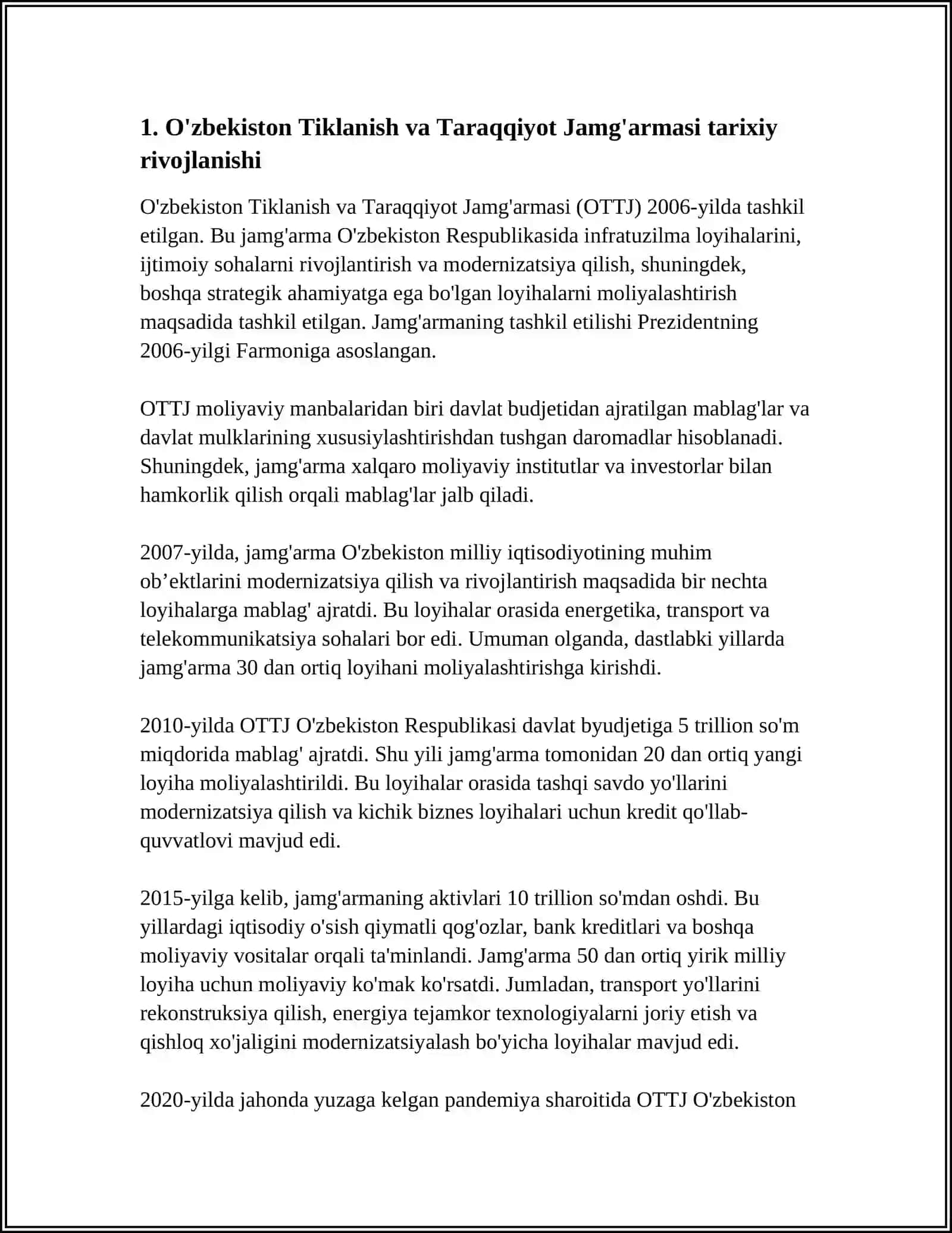 O'ZBEKISTON TIKLANISH VA TARAQQIYOT JAMG'ARMASI MABLAG'LARI HISOBIGA INVESTITSIHA LOYIHALARINI MOLIYALASHTIRISH 3