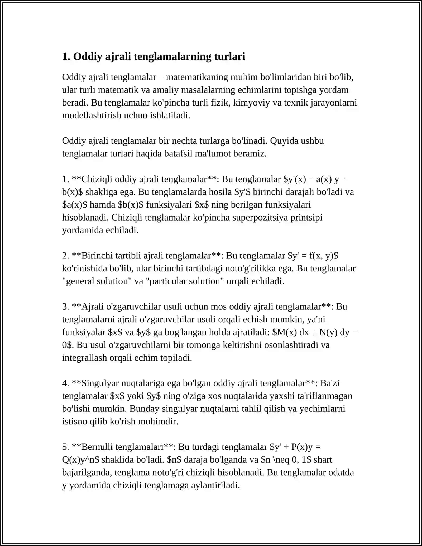 ODDIY AYIRMALI TENGLAMALARNI YECHISH 3