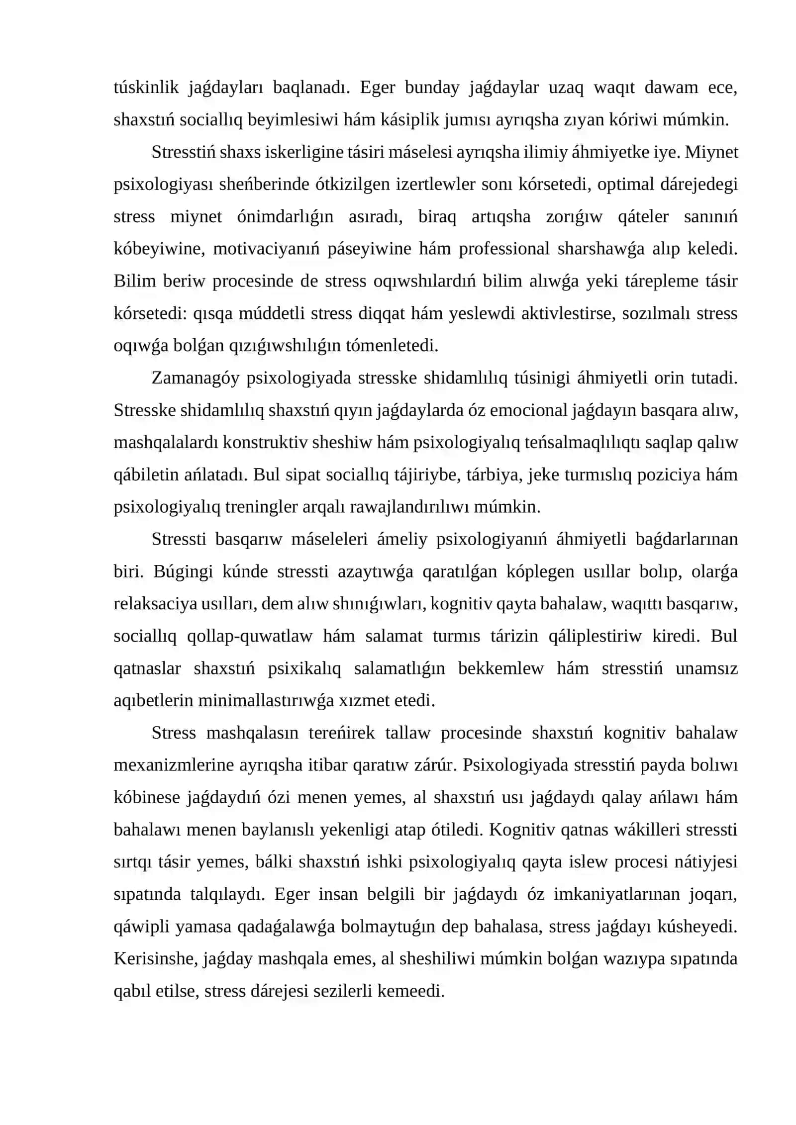 STRESS. PSIXOLOGIYALIQ PROCESS SIPATINDA ONIŃ MAZMUNI, SEBEPLERI HÁM SHAXS JUMISINA TÁSIRI 3