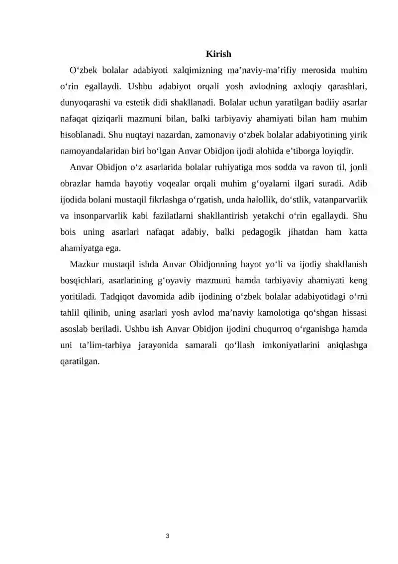 Anvar Obidjon ijodi, asarlarining tarbiyaviy ahamiyati va gʻoyaviy mazmuni. 3