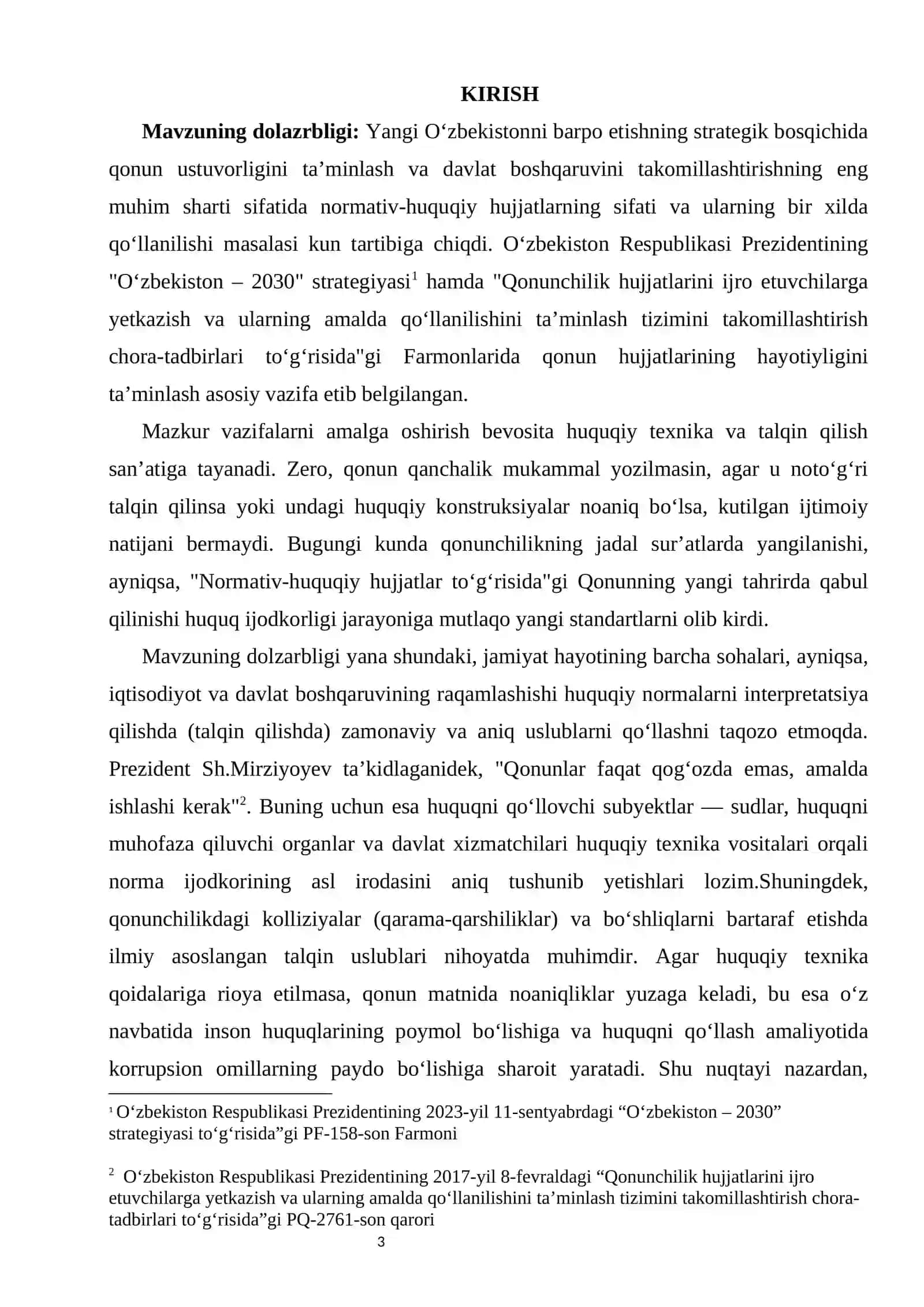 Normativ-huquqiy hujjatlarni talqin qilishda huquqiy texnika kurs ishi 3