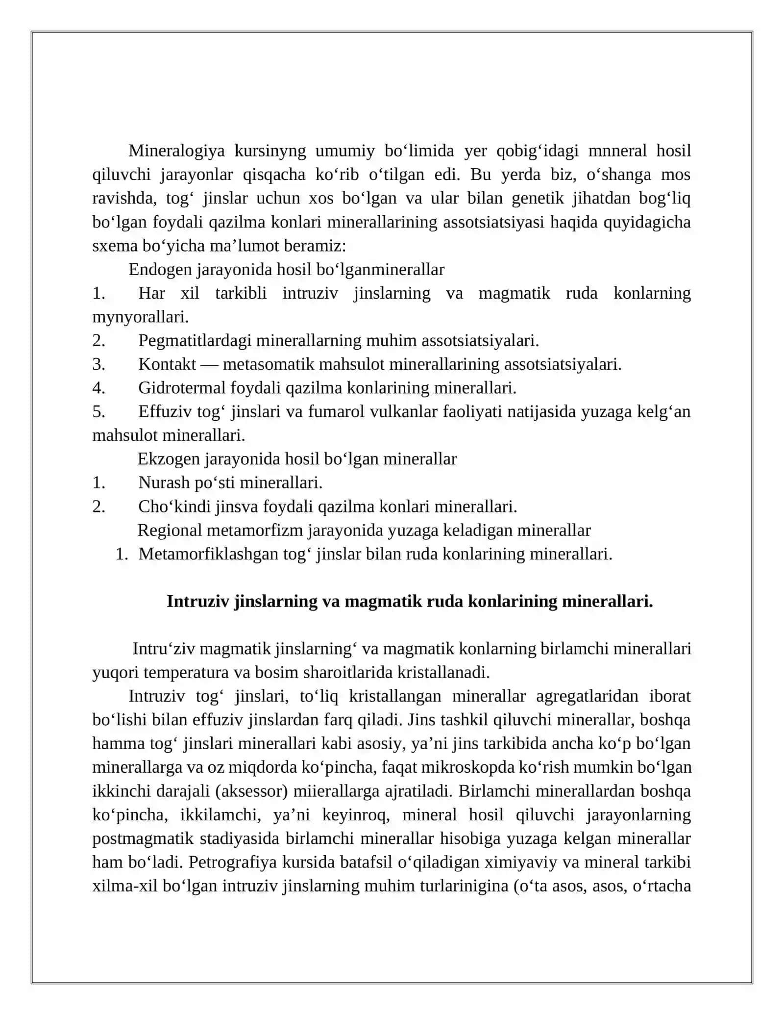 minerallarning tog' jinslari va ruda konlaridagi assotsiatsiyalari haqida malumot.Endogen jarayonlar 3