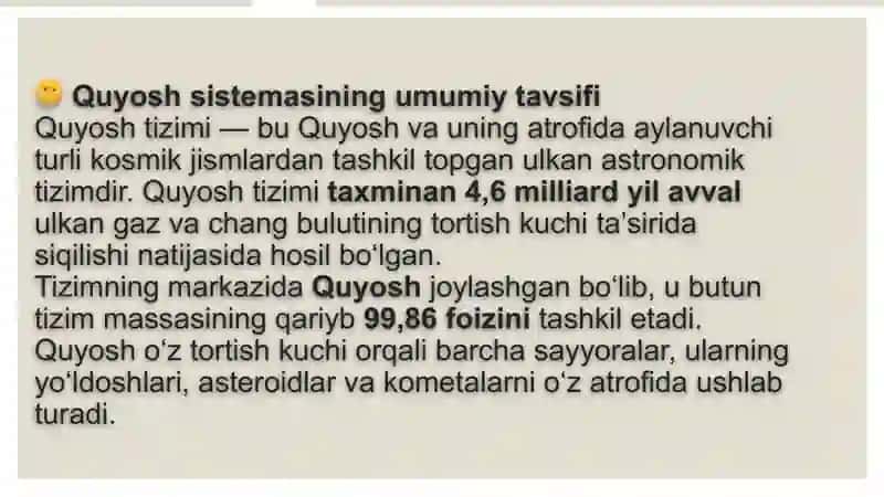 Quyosh sistemasining tuzilishi. Quyosh sistemasining masshtabi va a'zolari. Planetalarning konfiguratsiyalari va ko‘rinish shartlari.Planetalarning Quyosh atrofida aylanish davrlari 3
