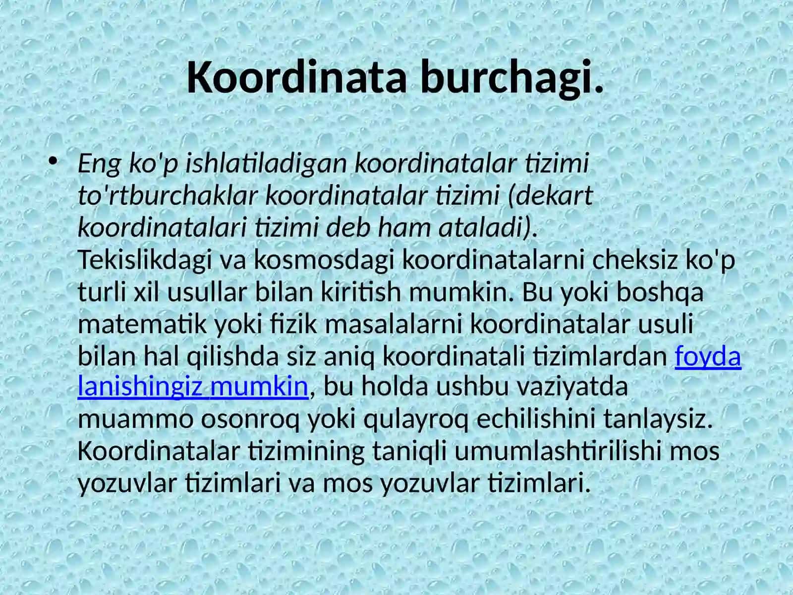 KOORDINATA BURCHAGI. NUQTA KOORDINATASI TUSHUNCHALARI BILAN TANISHTIRISH METODIKASI. GRAFIK OB'EKTLAR BILAN ISHLASH METODIKASI 3