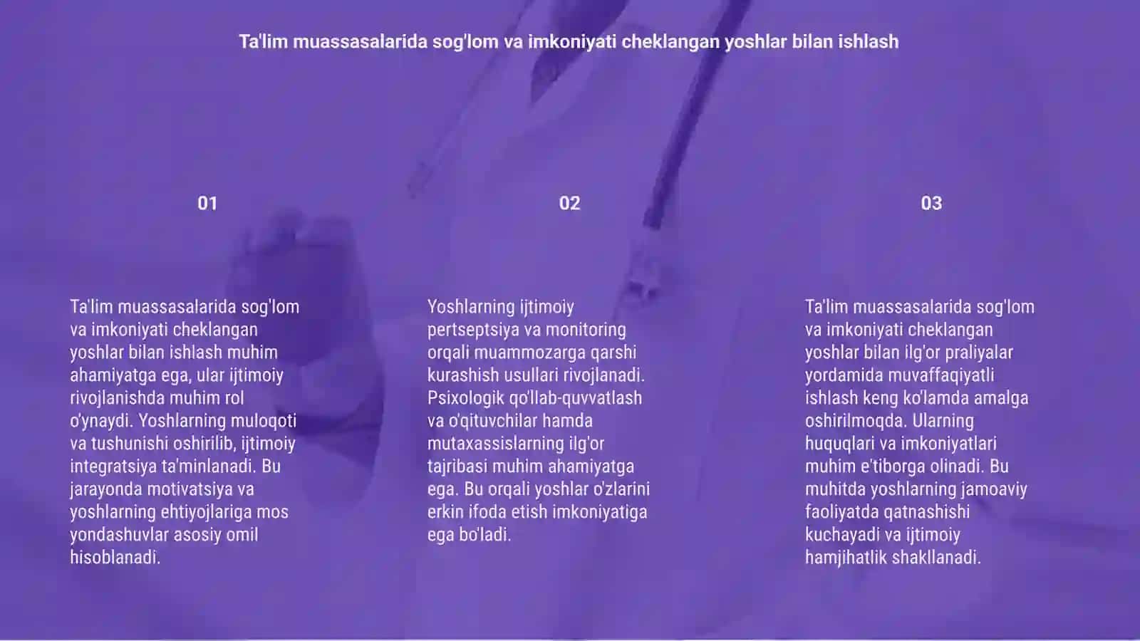 Ta'lim muassasalarida sog'lom va imkoniyati cheklangan yoshlar o'zlar muloqatining ijtimoiy pertseptsiya 20 varaq slayd 3