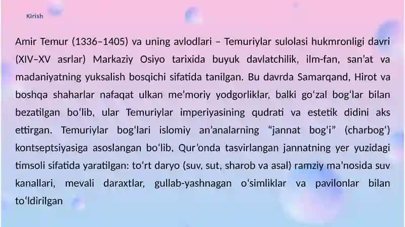 Amir Temur va Temuriylar davri bog'lar va ularning manbalari 3