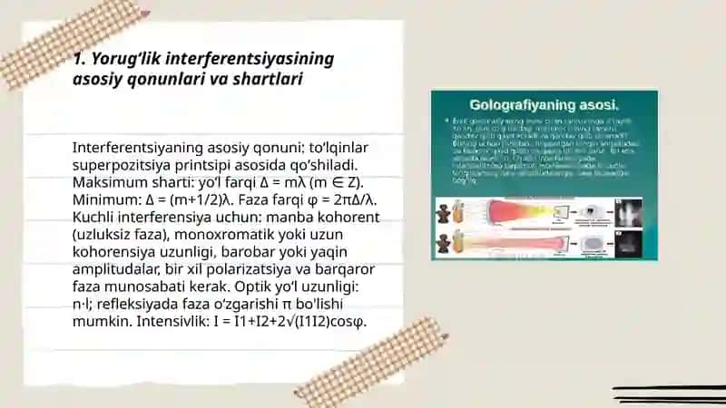 Yorugʻlik interferentsiyasi va difraksiyasi. Golografiya haqida tushuncha 3