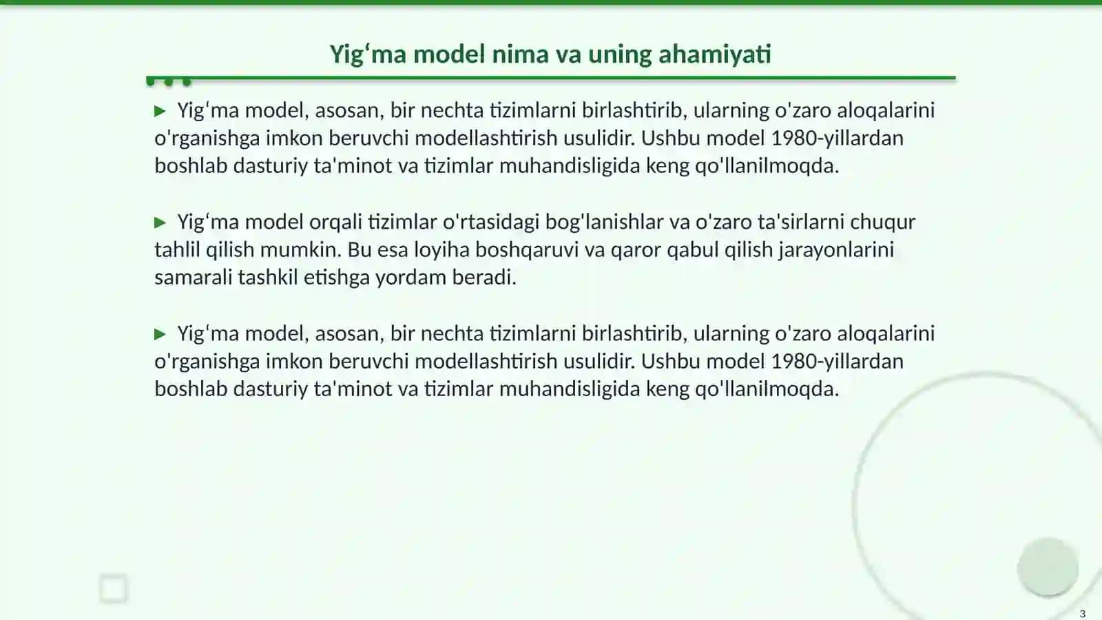 YIG‘MA MODEL USTIDA JAMOAVIY ISHLASH. SINXRON MODELLASHTIRISH. VIZUALLASHTIRISH VA ANIMATSIYA 3