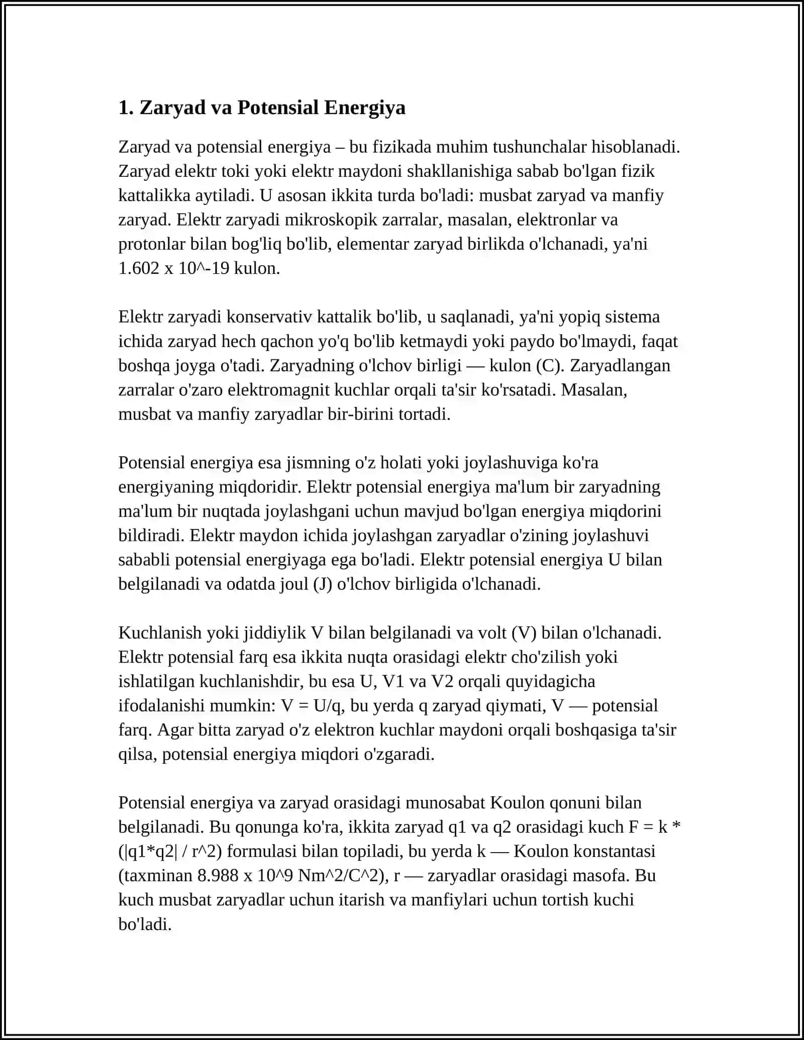 POTENSIAL VA KUCHLANISH. EKVIPOTENSIAL SIRT, EKVIPOTENSIAL SIRTDA ZARYADNI KOCHIRISHDA BAJARILGAN ISH 3