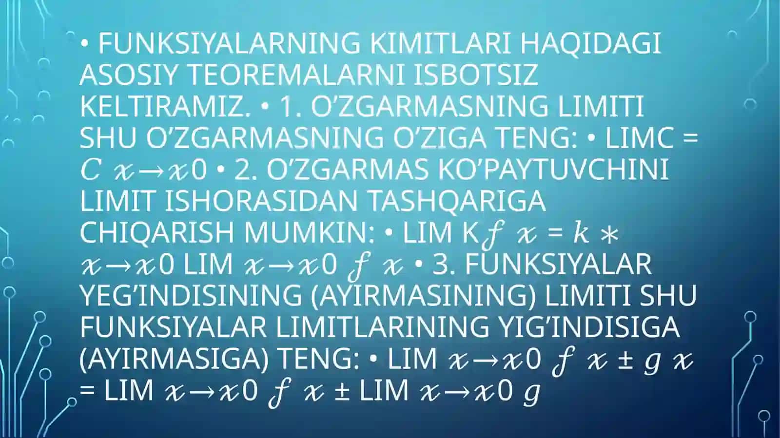 FUNKSIYA LIMITINING TA’RIFI. FUNKSIYA LIMITINING KETMA-KETLIKLAR VA TILIDAGI TA’RIFLARI VA ULARNINGEKVivalentligi.Birinchiajoyiblimitvauningisboti 3