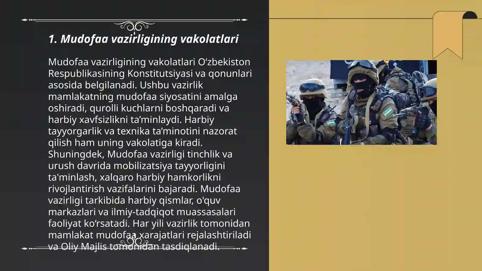 Mudofaa to'g'risida O'zbekiston Respublikasi qonuni Mudofaani tashkil etish va qurolli kuchlarga rahbarlik qilish davlat organlarining mudofaa sohasidagi vakolatlari 3