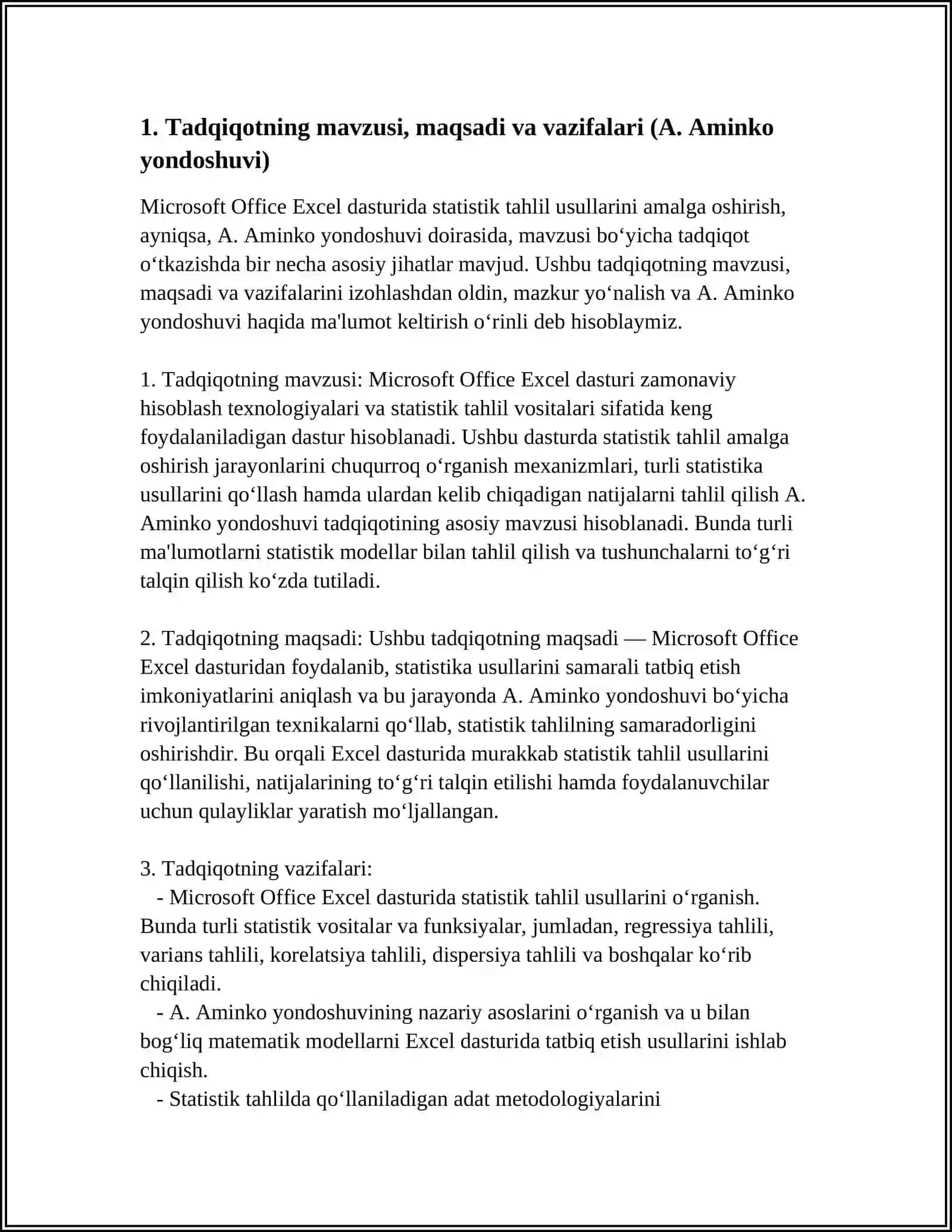 MICROSOFT OFFICE EXCEL KOMPYUTER DASTURIDA STATISTIK TAHLIL USULLARINI AMALGA OSHIRISHNING OʻZIGA XOS JIHATLARI BOʻYICHA A.AMINKO TADQIQOTINI KONSPEKTLASHTIRISH 3